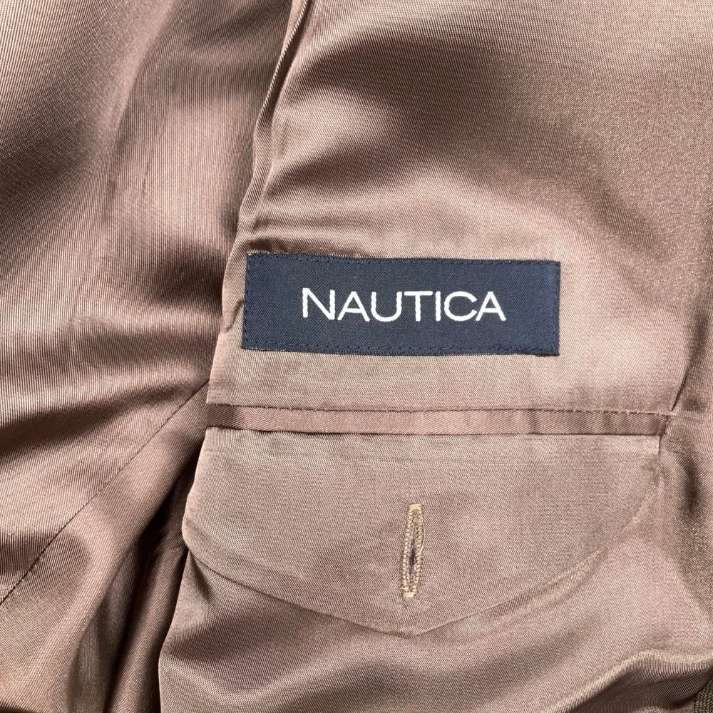 Nautica Suit Men 43R W37 Olive Brown Glen Plaid 3-Button Wool  Unhemmed